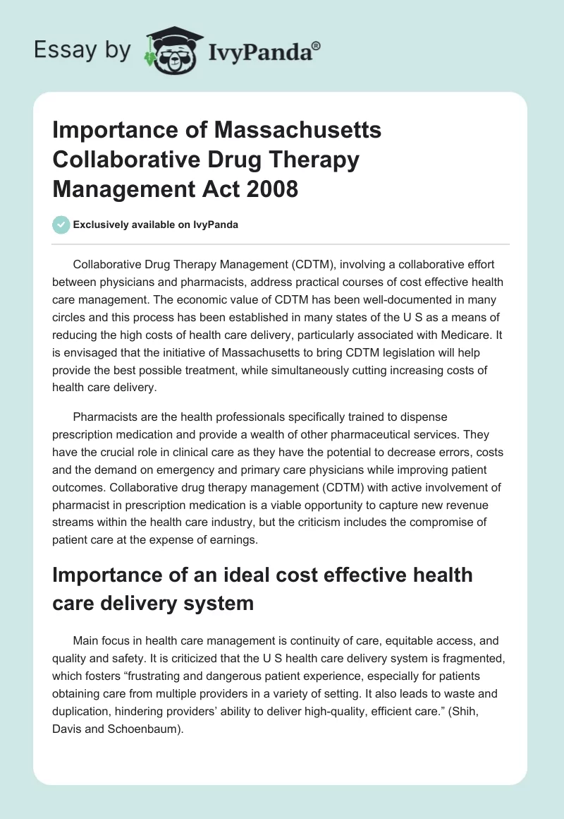Importance of Massachusetts Collaborative Drug Therapy Management Act 2008. Page 1