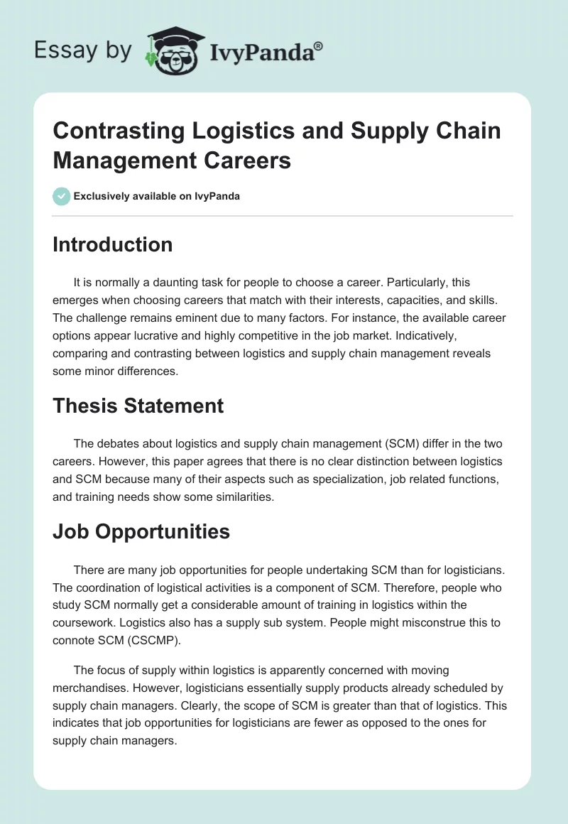 Contrasting Logistics and Supply Chain Management Careers. Page 1