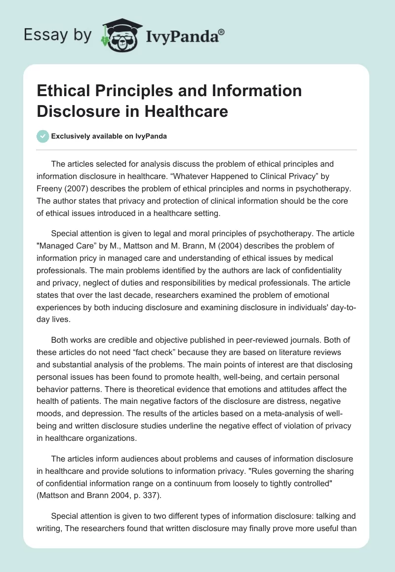 Ethical Principles and Information Disclosure in Healthcare. Page 1