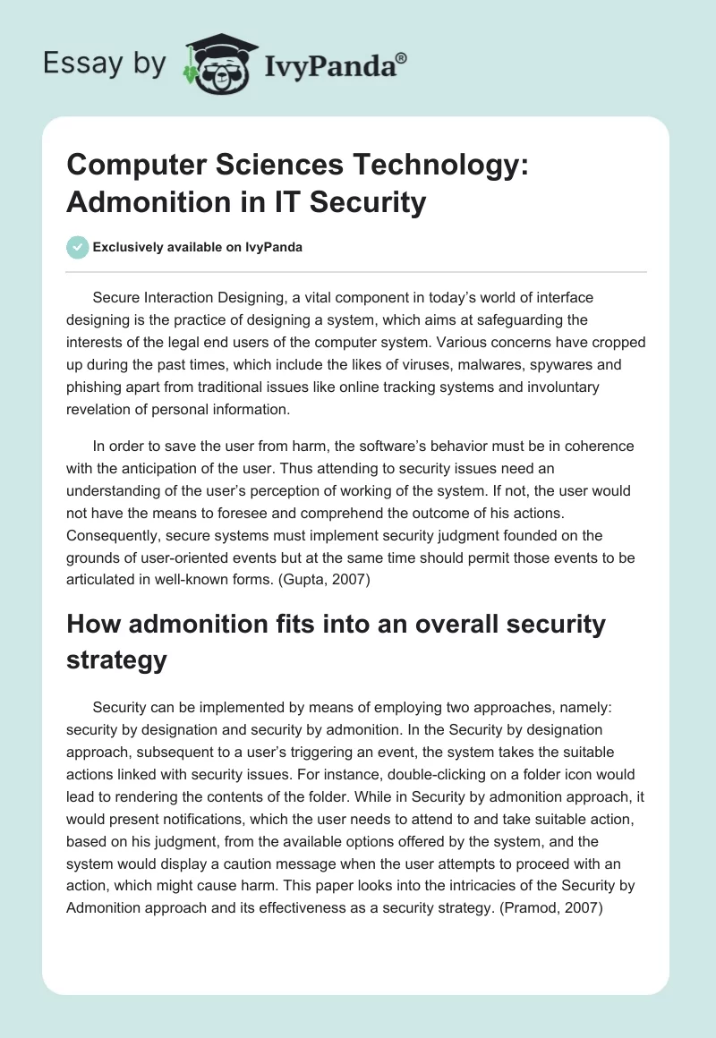 Computer Sciences Technology: Admonition in IT Security. Page 1