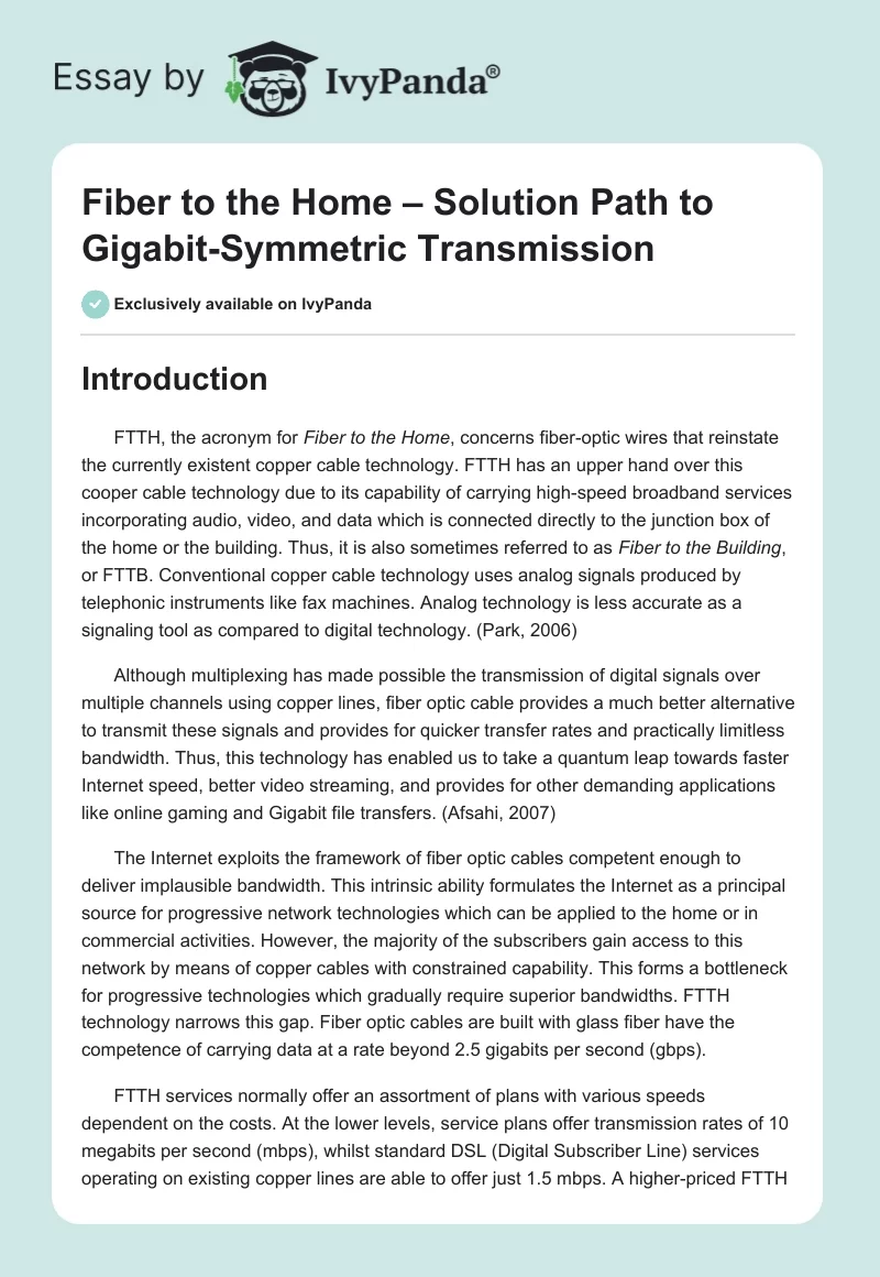 Fiber to the Home – Solution Path to Gigabit-Symmetric Transmission. Page 1