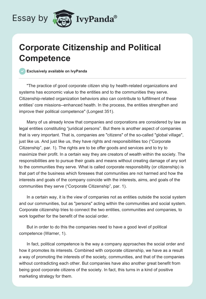 Corporate Citizenship and Political Competence. Page 1