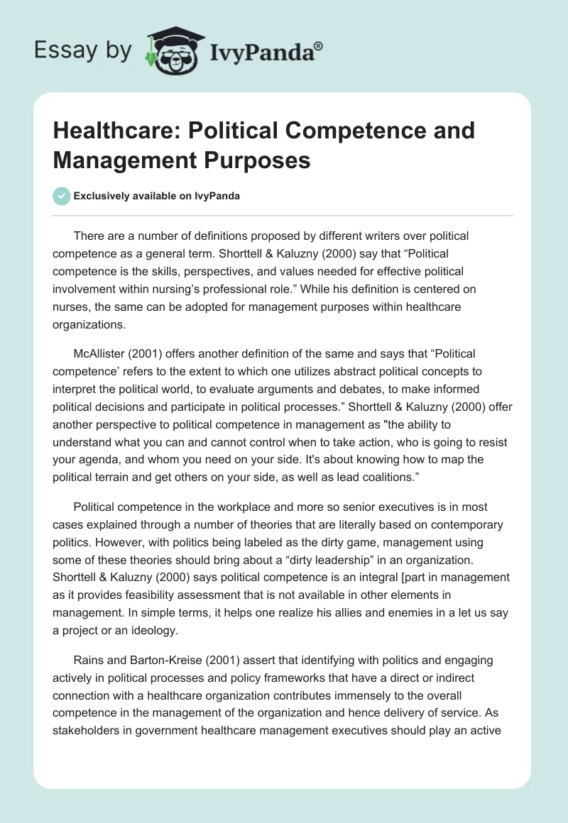 Healthcare: Political Competence and Management Purposes. Page 1
