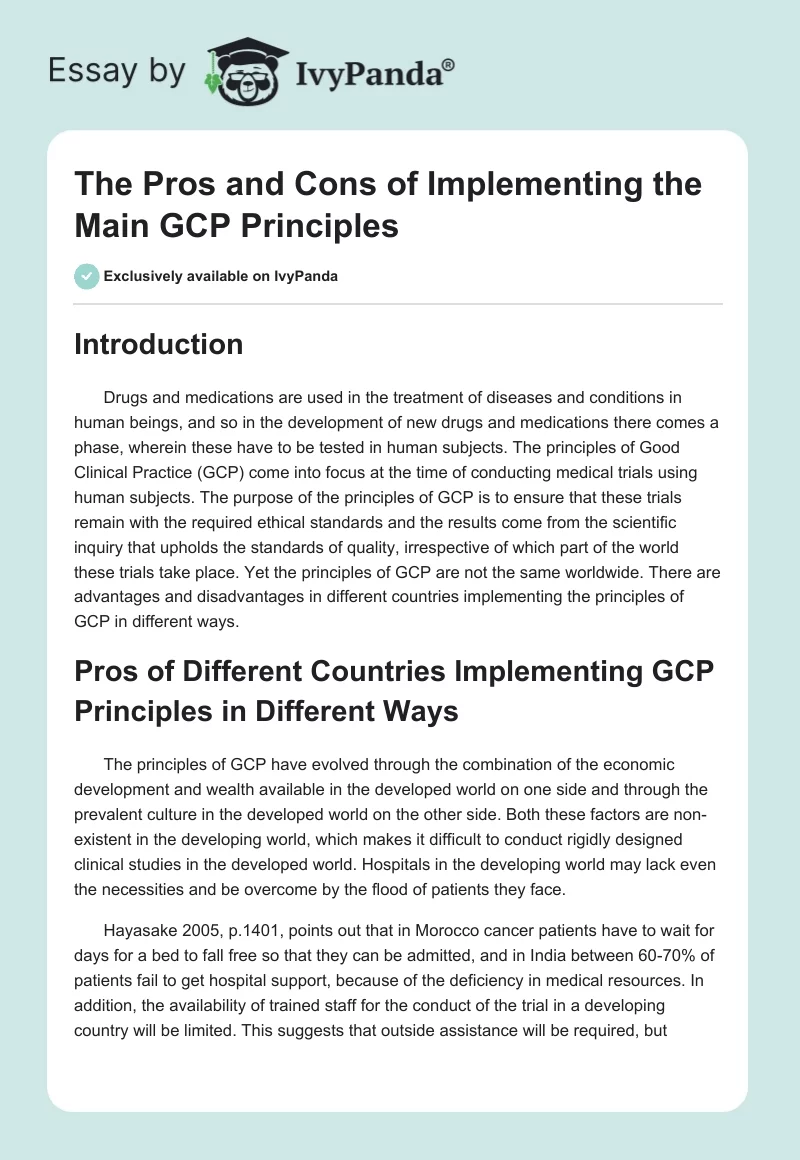 The Pros and Cons of Implementing the Main GCP Principles. Page 1