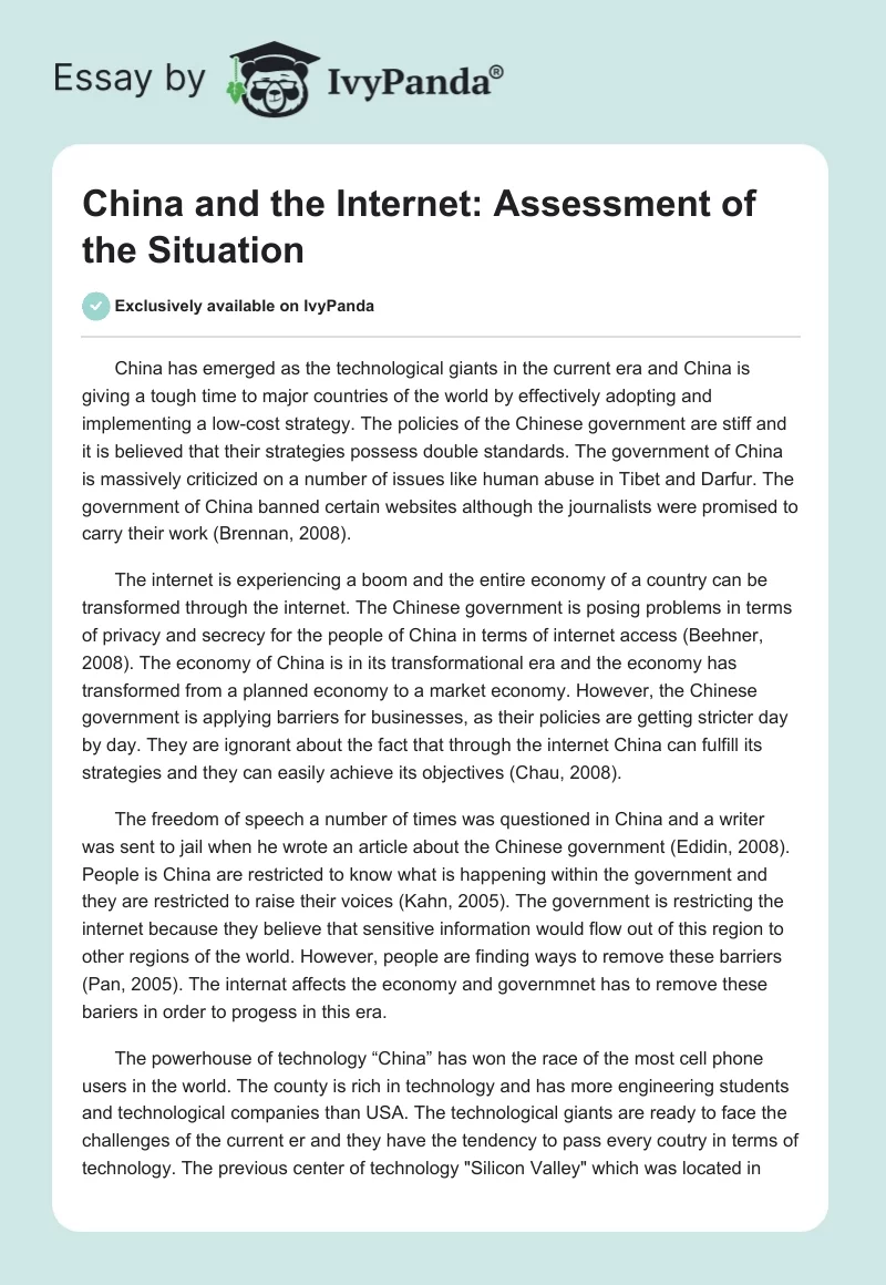 China and the Internet: Assessment of the Situation. Page 1