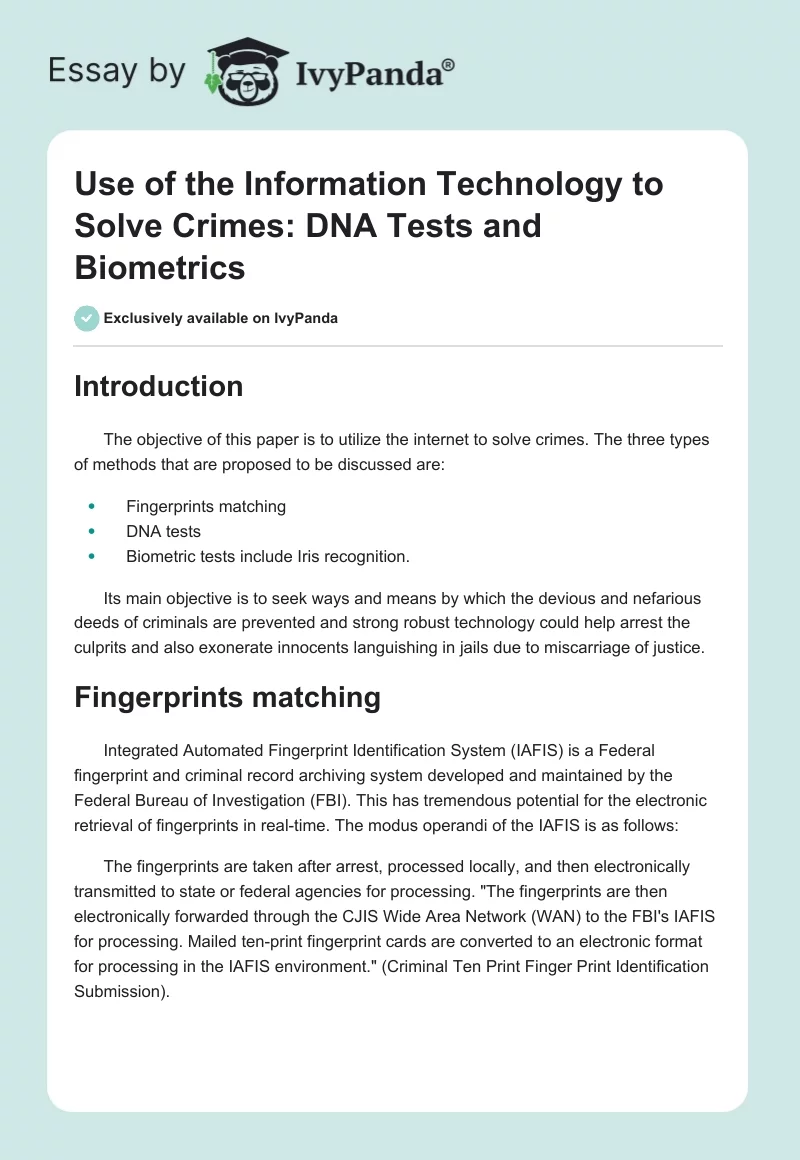 Use of the Information Technology to Solve Crimes: DNA Tests and Biometrics. Page 1