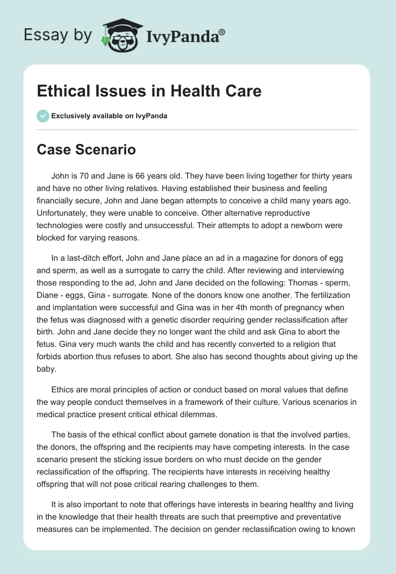 Ethical Issues in Health Care. Page 1
