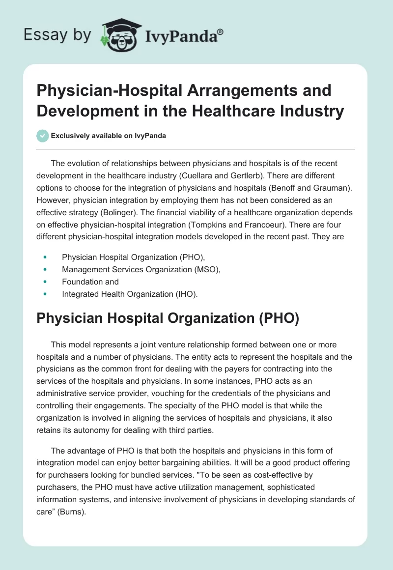 Physician-Hospital Arrangements and Development in the Healthcare Industry. Page 1