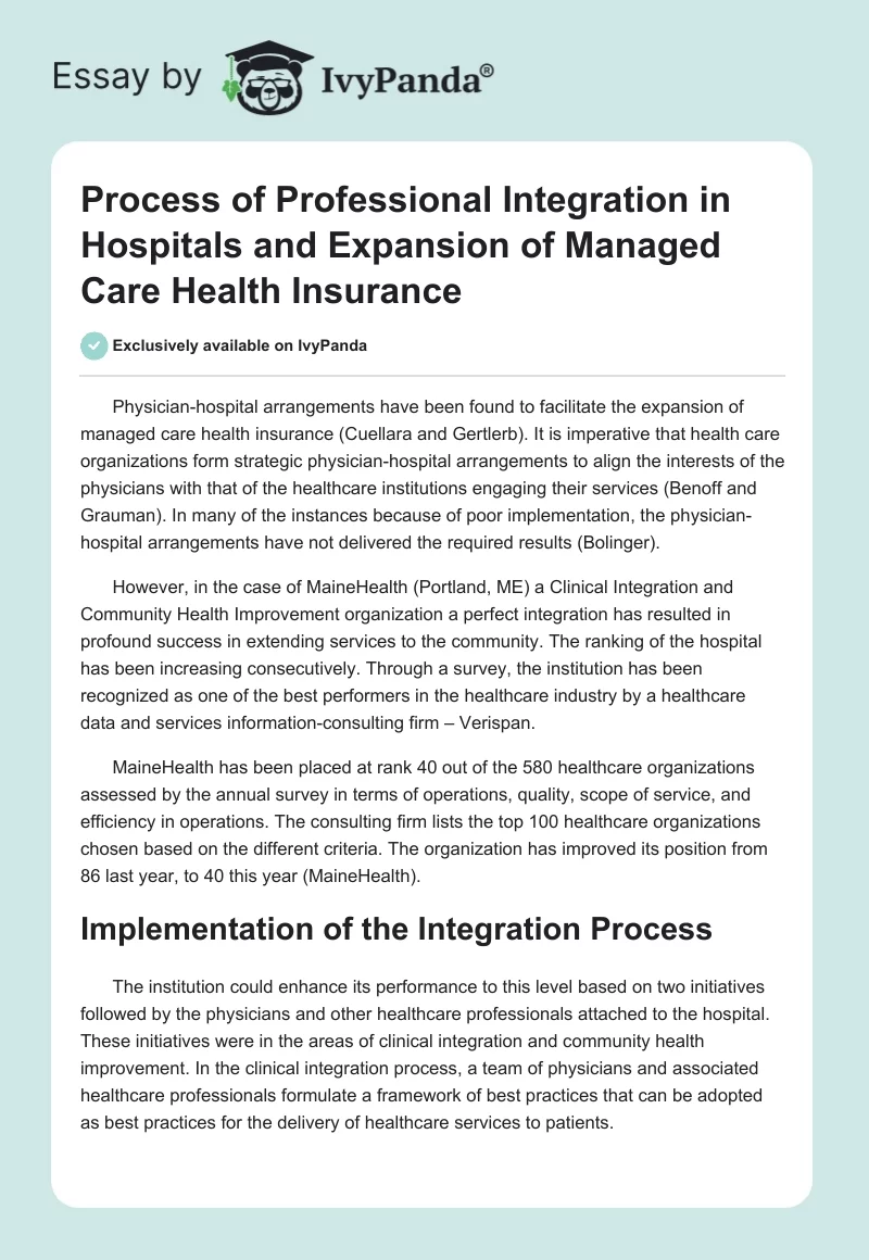 Process of Professional Integration in Hospitals and Expansion of Managed Care Health Insurance. Page 1