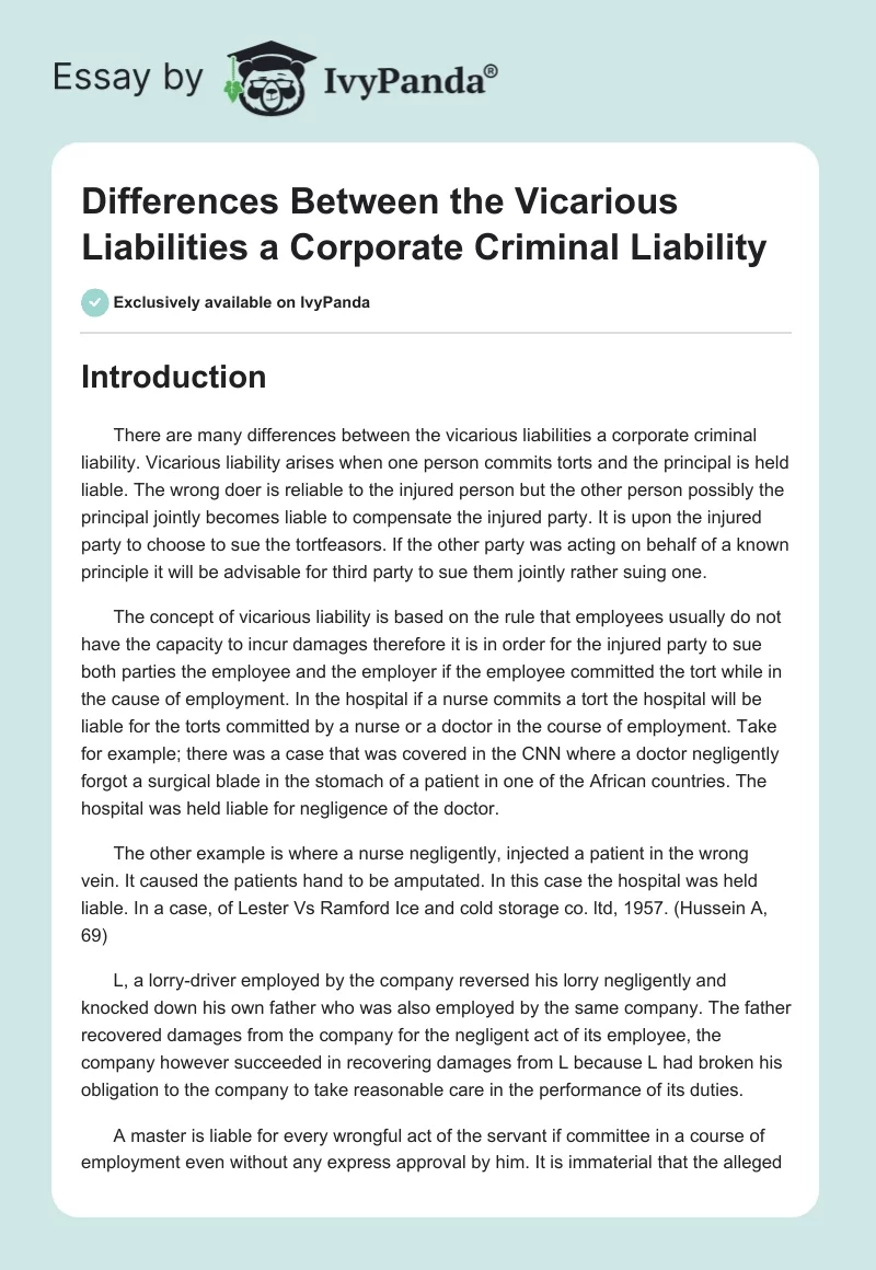 Differences Between the Vicarious Liabilities a Corporate Criminal Liability. Page 1