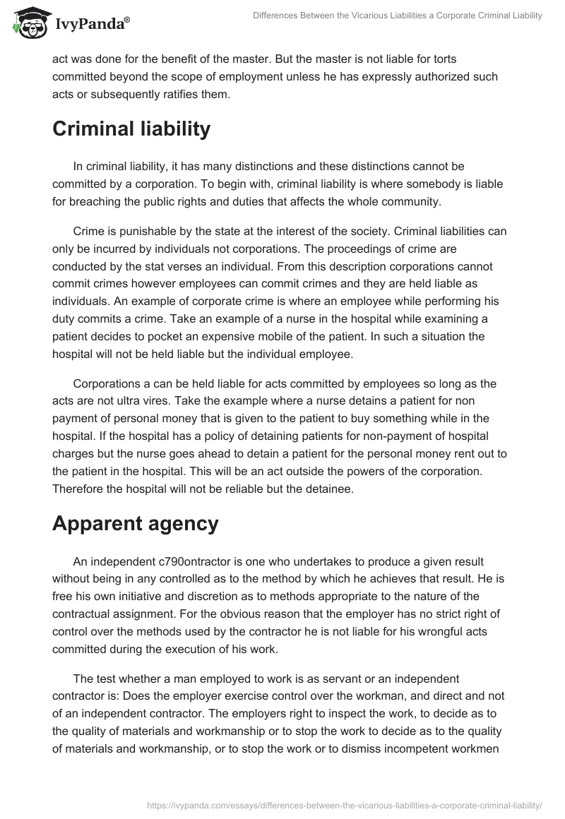 Differences Between the Vicarious Liabilities a Corporate Criminal Liability. Page 2