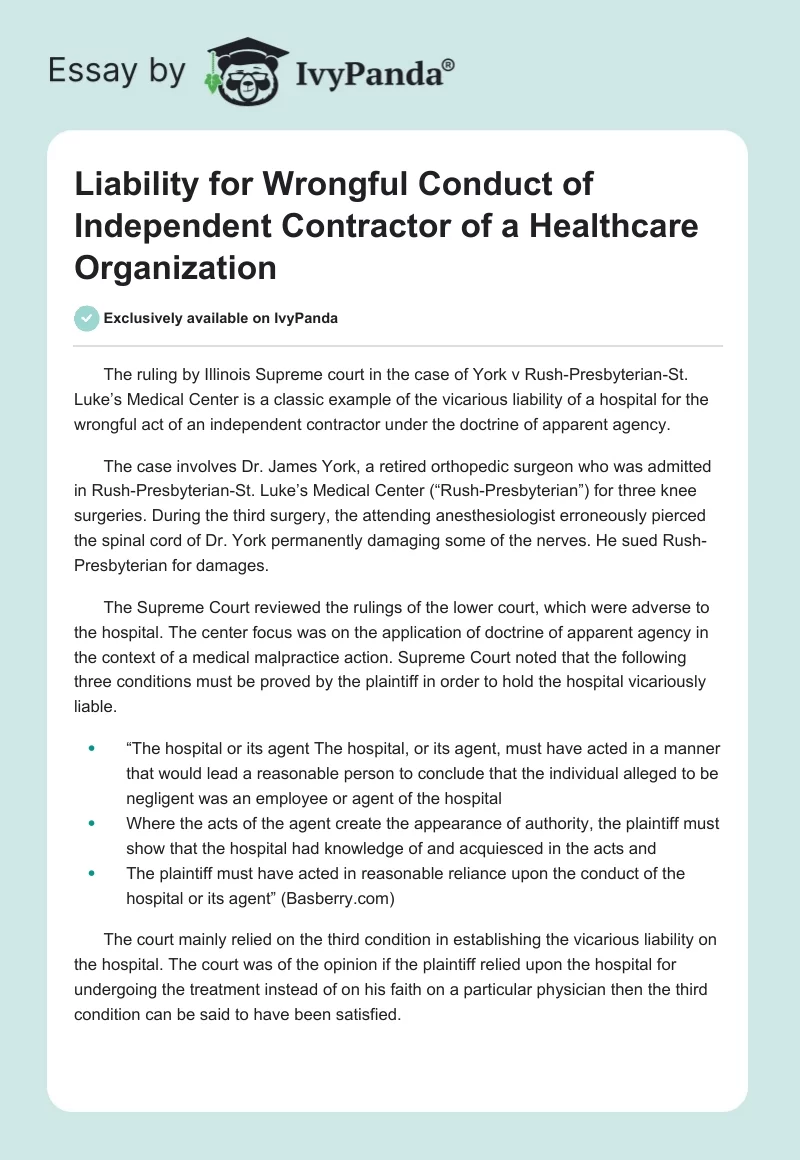 Liability for Wrongful Conduct of Independent Contractor of a Healthcare Organization. Page 1