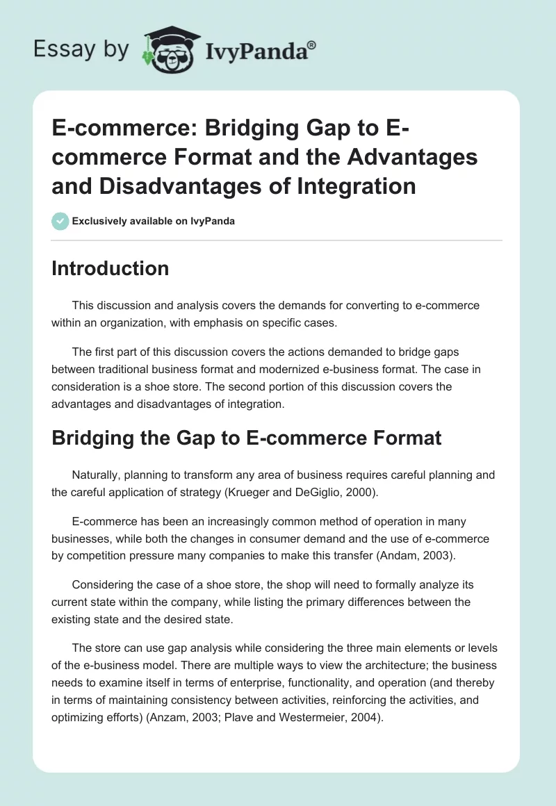 E-Commerce: Bridging Gap to E-Commerce Format and the Advantages and Disadvantages of Integration. Page 1