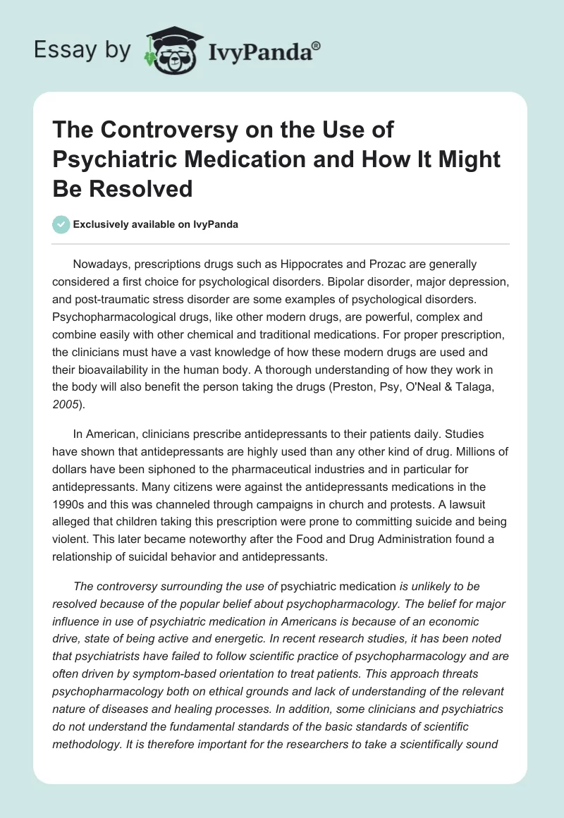 The Controversy on the Use of Psychiatric Medication and How It Might Be Resolved. Page 1