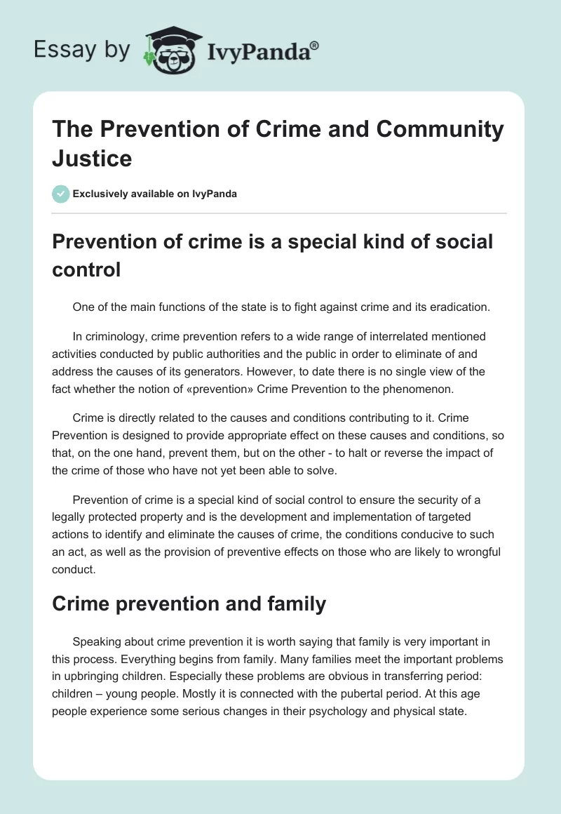 The Prevention of Crime and Community Justice. Page 1