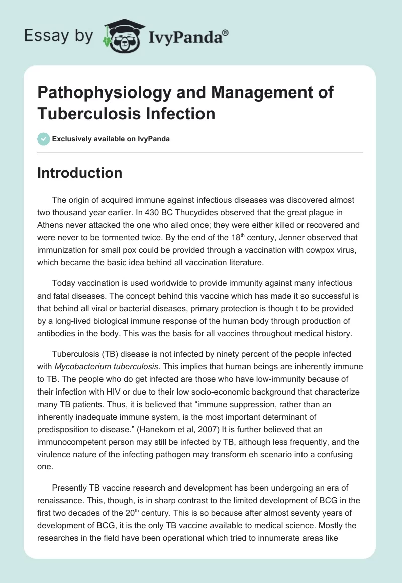 Pathophysiology and Management of Tuberculosis Infection. Page 1