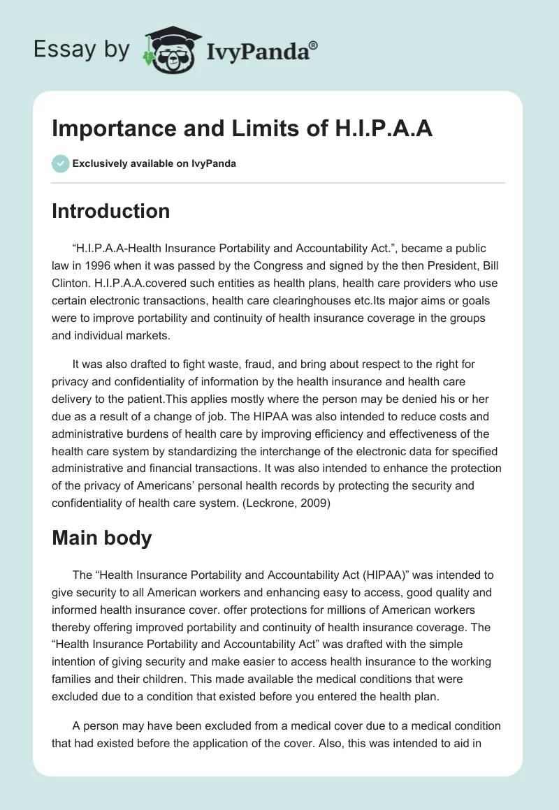Importance and Limits of H.I.P.A.A. Page 1
