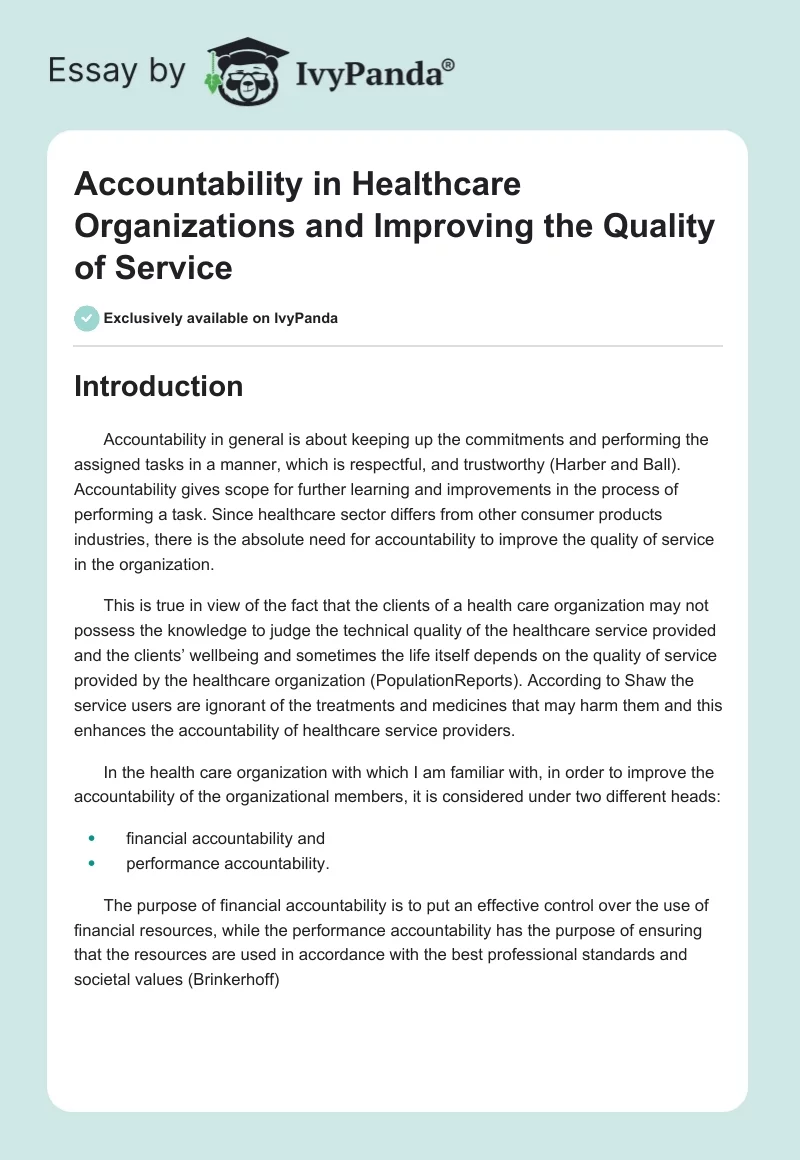 Accountability in Healthcare Organizations and Improving the Quality of Service. Page 1