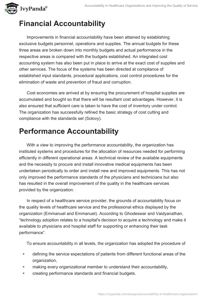 Accountability in Healthcare Organizations and Improving the Quality of Service. Page 2