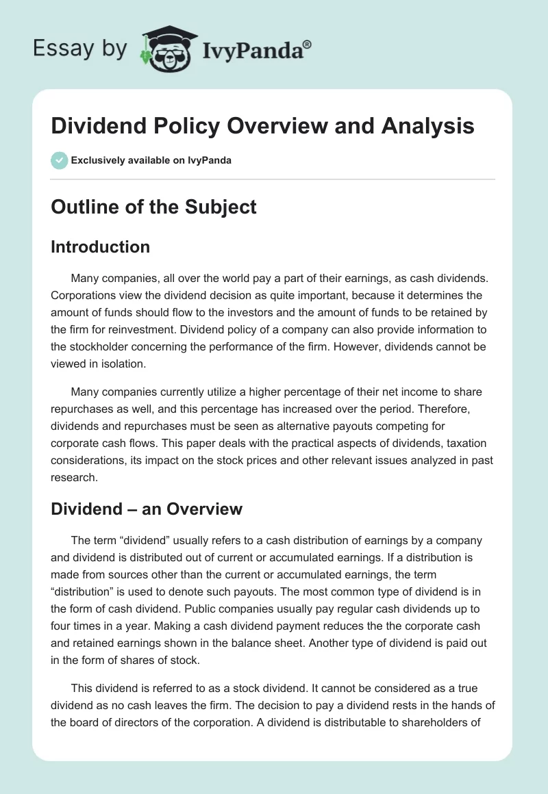 Dividend Policy Overview and Analysis. Page 1