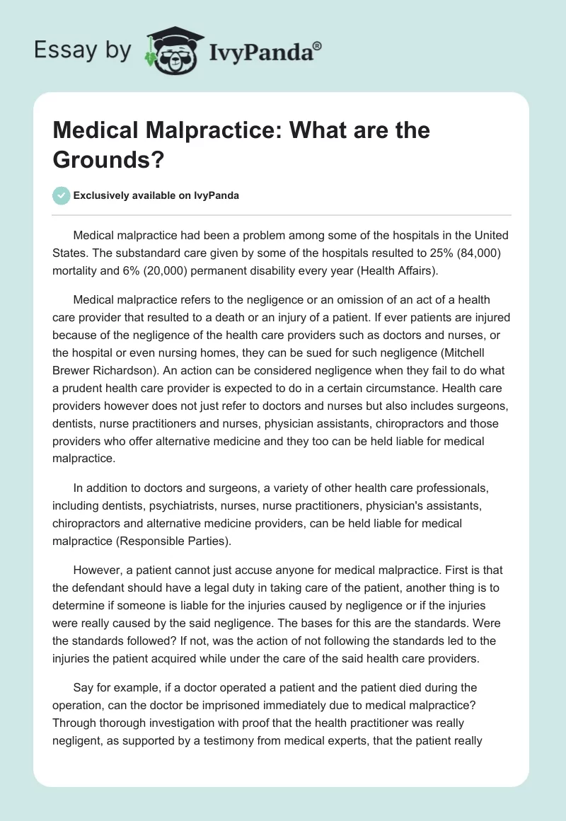 Medical Malpractice: What are the Grounds?. Page 1