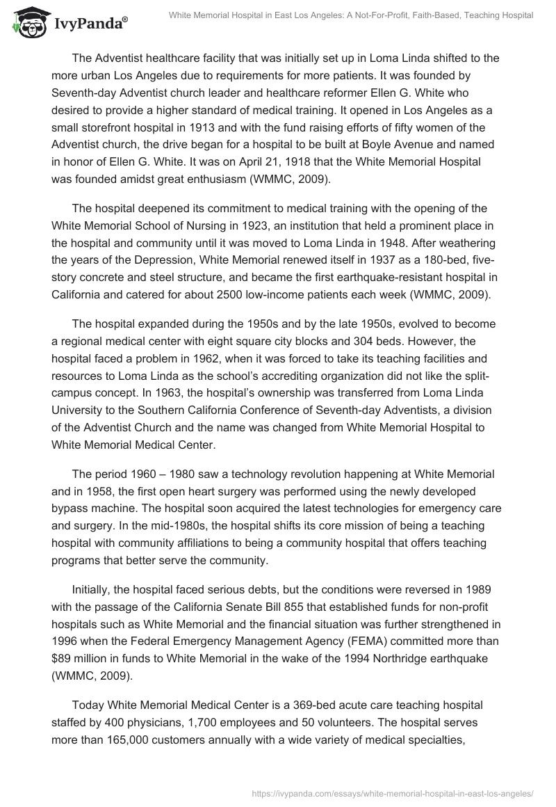 White Memorial Hospital in East Los Angeles: A Not-For-Profit, Faith-Based, Teaching Hospital. Page 2