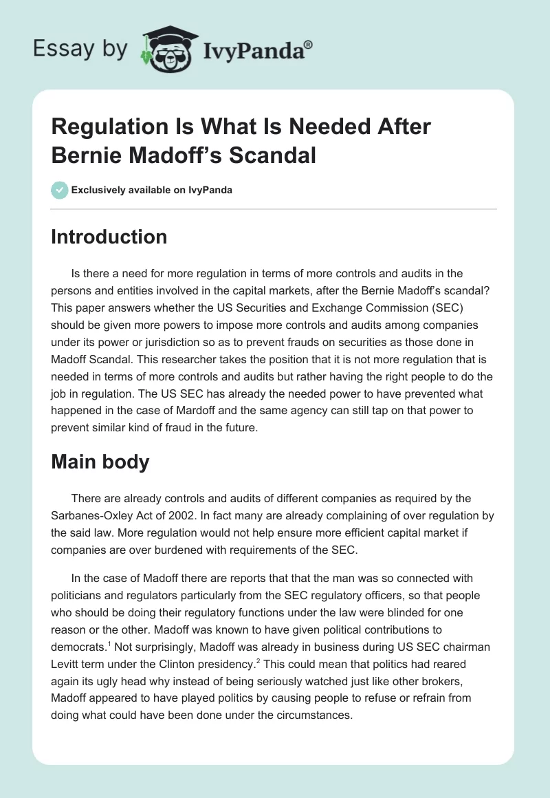 Regulation Is What Is Needed After Bernie Madoff’s Scandal. Page 1