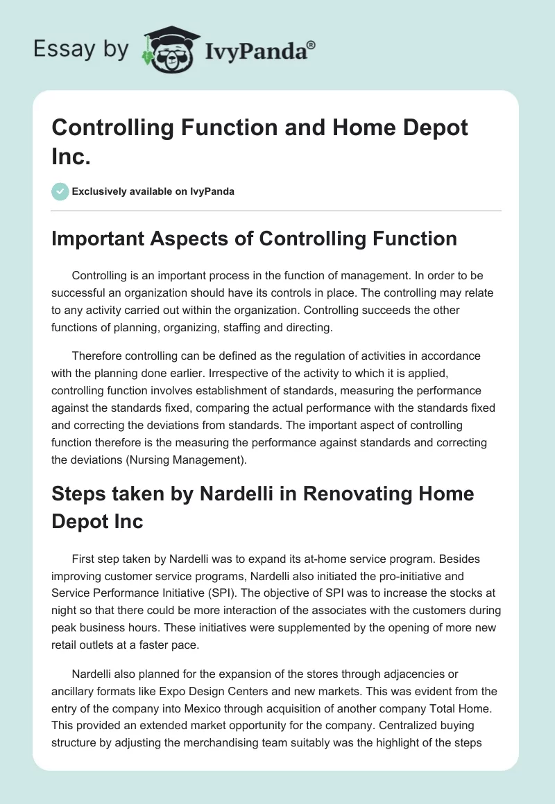 Controlling Function and Home Depot Inc.. Page 1