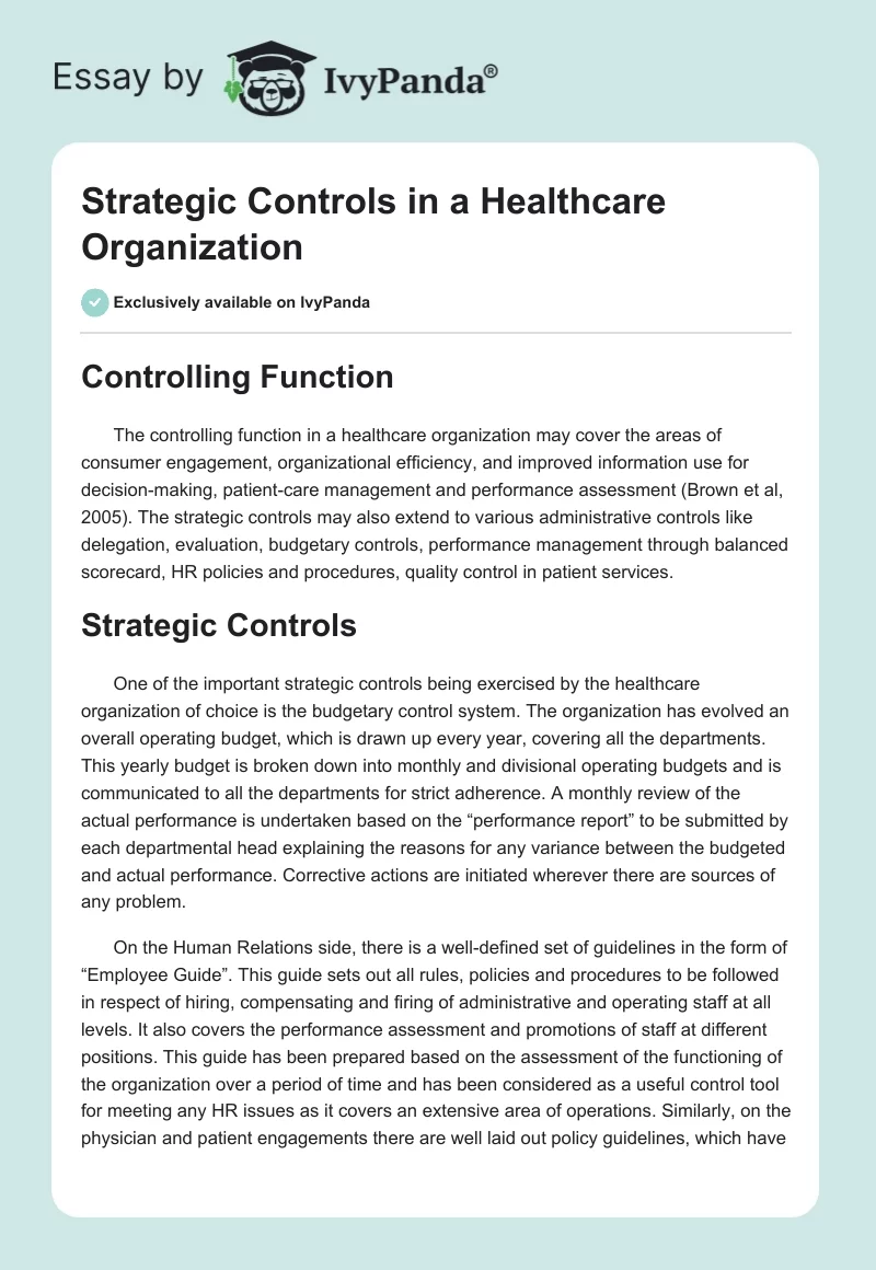 Strategic Controls in a Healthcare Organization. Page 1
