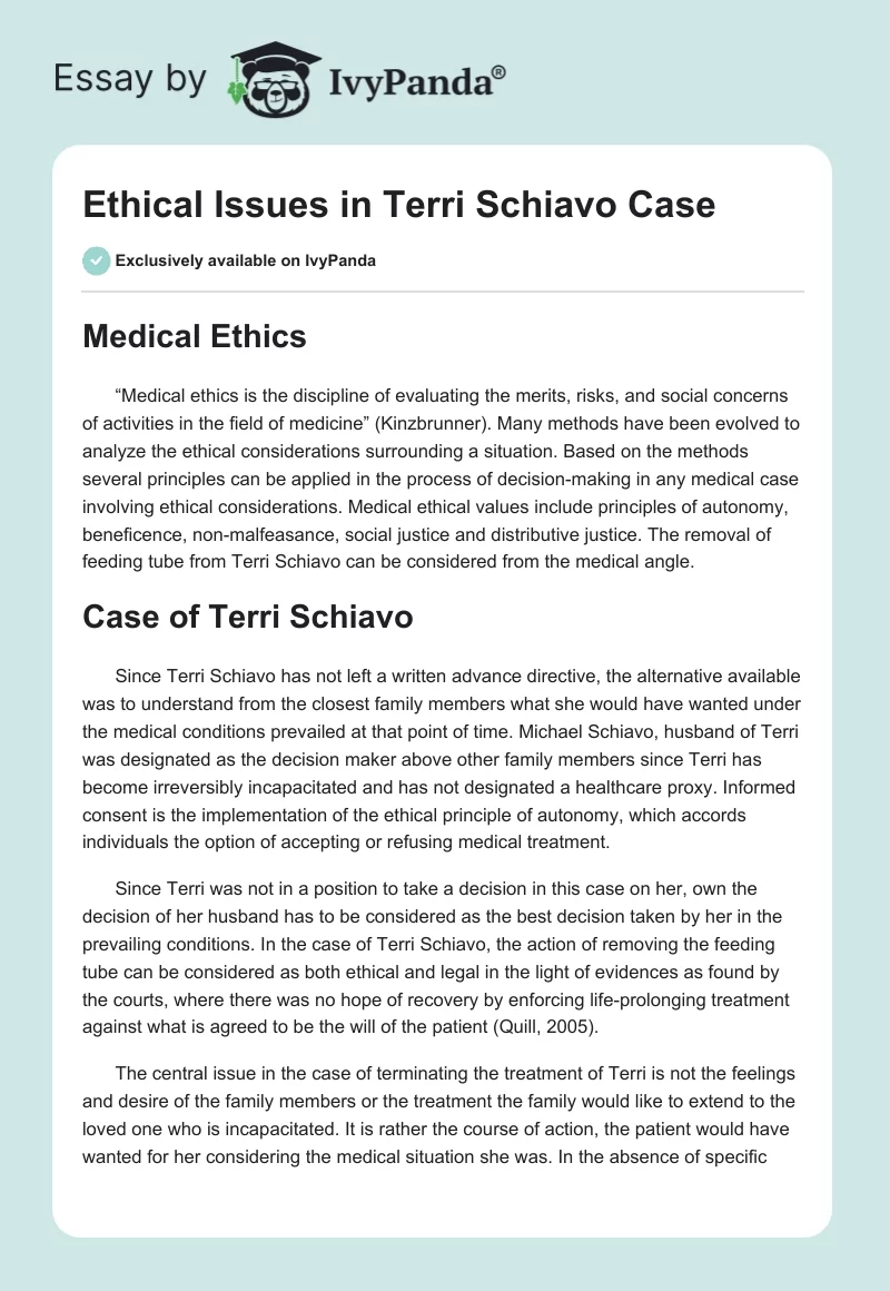 Ethical Issues in Terri Schiavo Case. Page 1