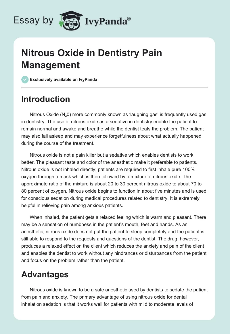 Nitrous Oxide in Dentistry Pain Management. Page 1