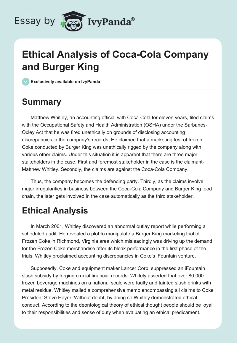 Ethical Analysis of Coca-Cola Company and Burger King. Page 1