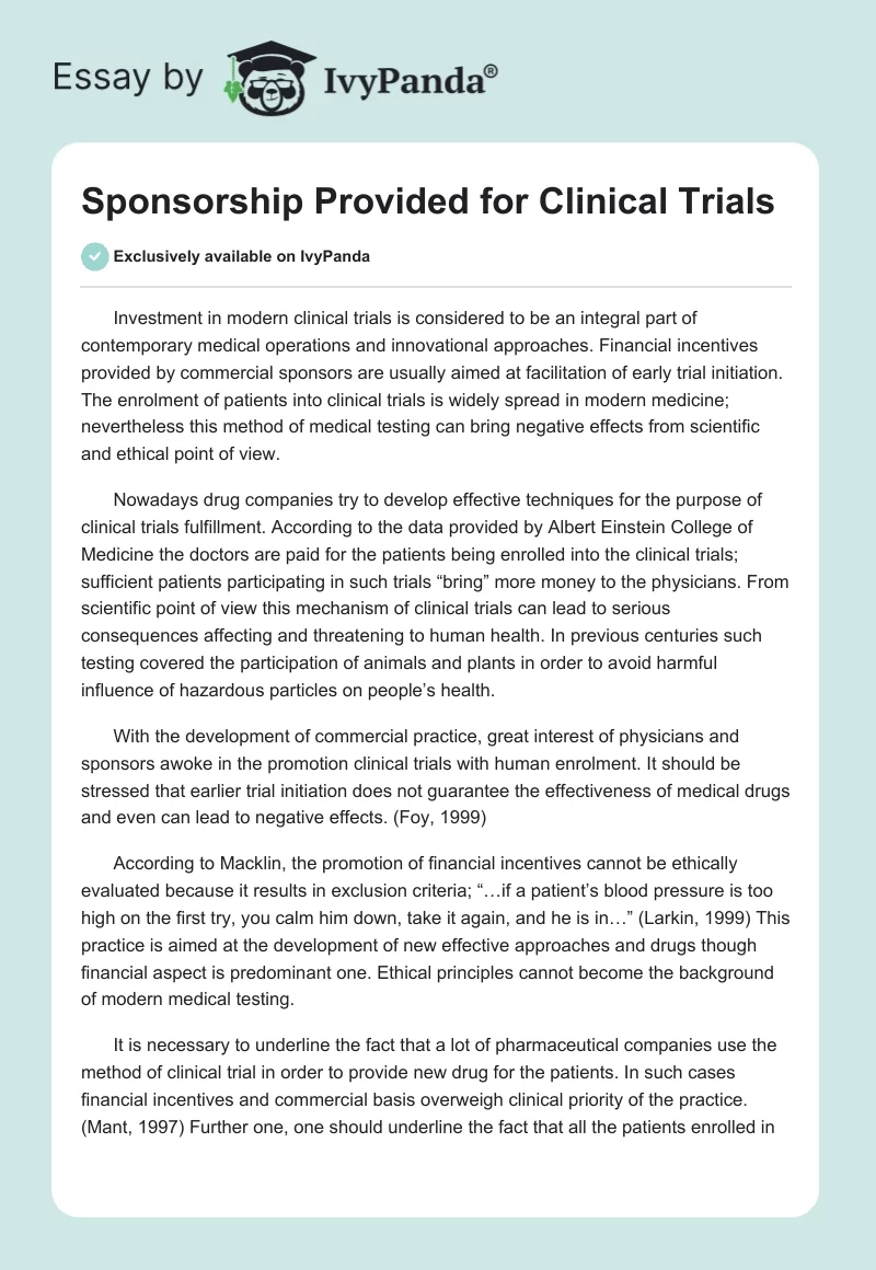 Sponsorship Provided for Clinical Trials. Page 1