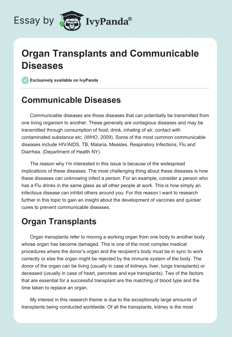 Organ Transplants and Communicable Diseases. Page 1