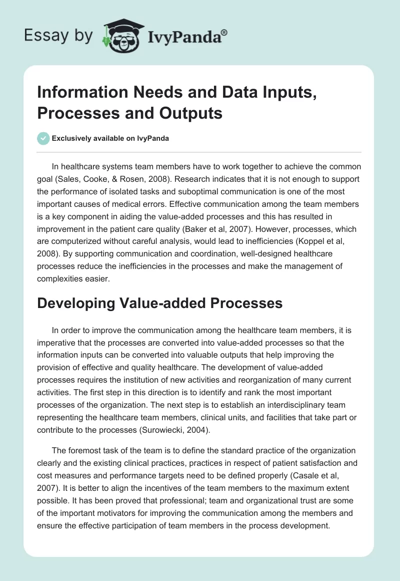 Information Needs and Data Inputs, Processes and Outputs. Page 1