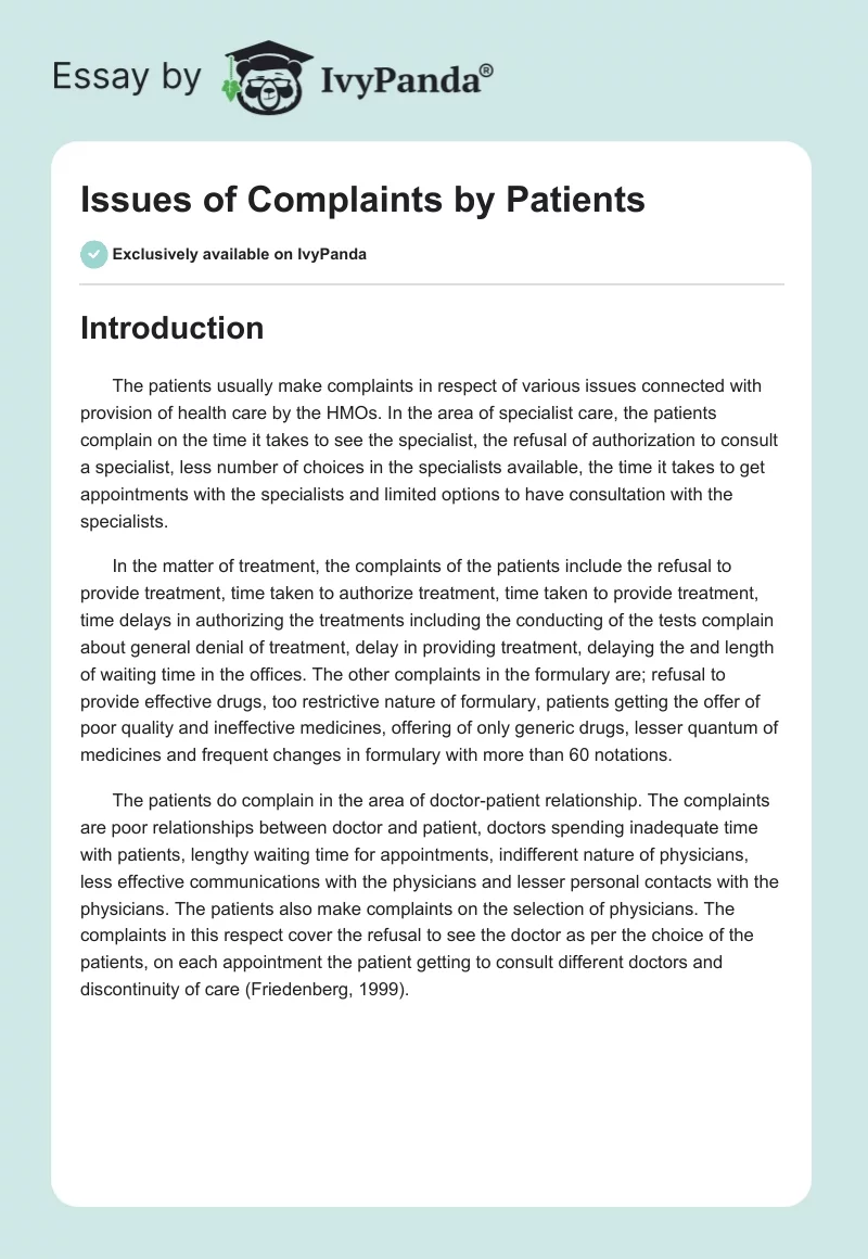 Issues of Complaints by Patients. Page 1