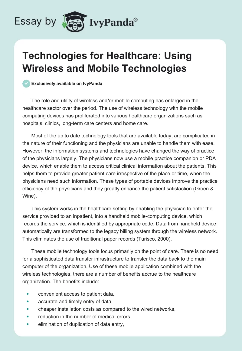 Technologies for Healthcare: Using Wireless and Mobile Technologies. Page 1