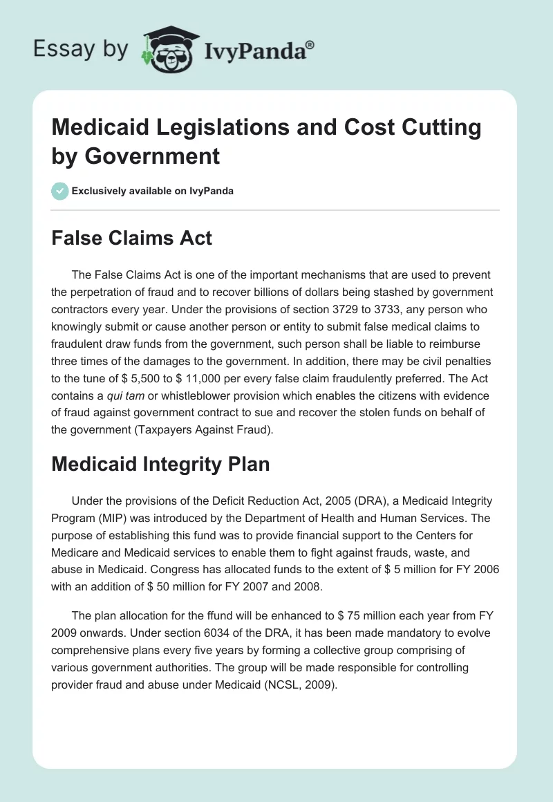 Medicaid Legislations and Cost Cutting by Government. Page 1