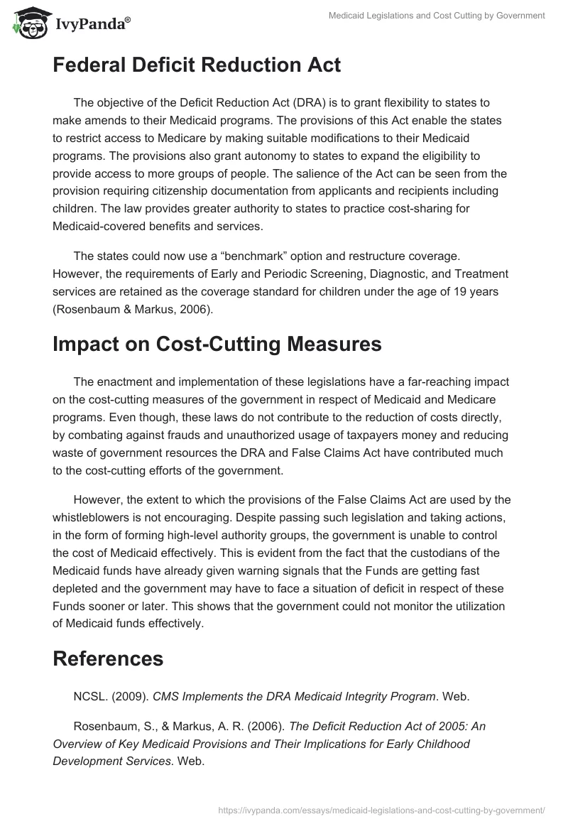 Medicaid Legislations and Cost Cutting by Government. Page 2
