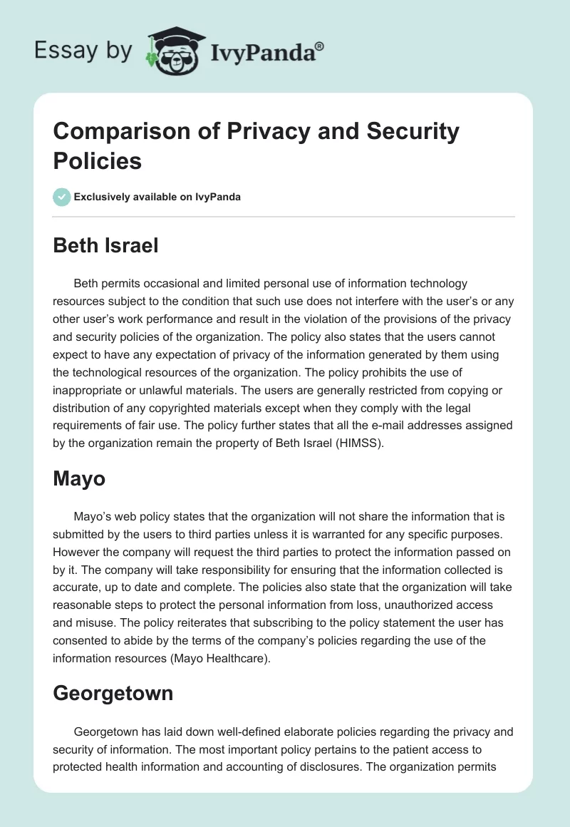 Comparison of Privacy and Security Policies. Page 1