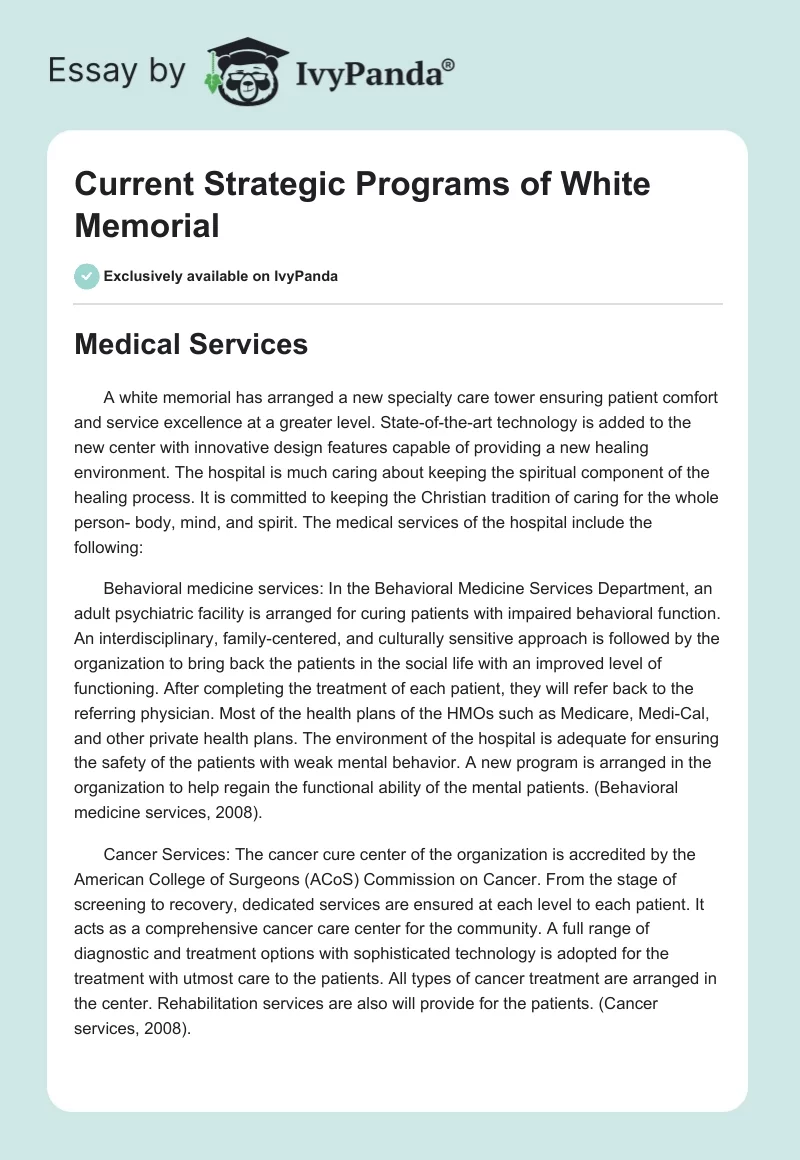 Current Strategic Programs of White Memorial. Page 1