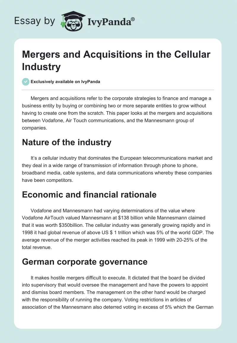 Mergers and Acquisitions in the Cellular Industry. Page 1