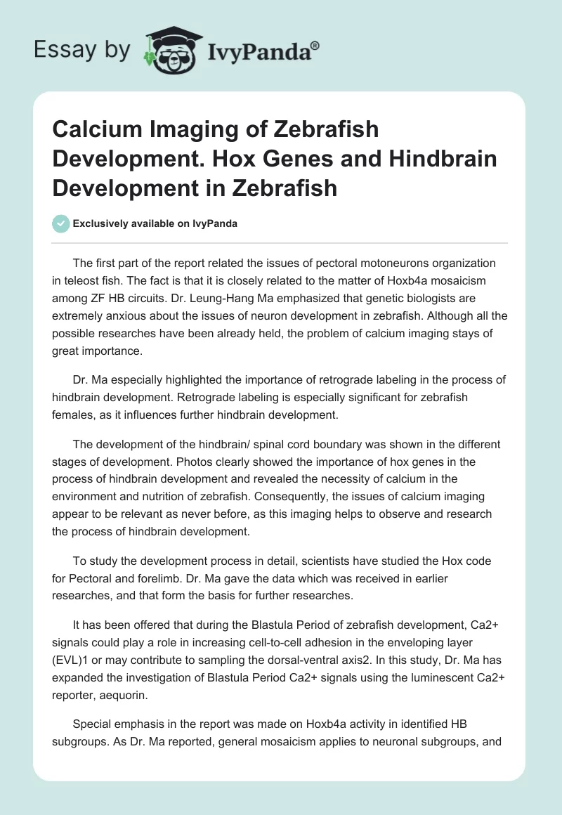 Calcium Imaging of Zebrafish Development. Hox Genes and Hindbrain Development in Zebrafish. Page 1