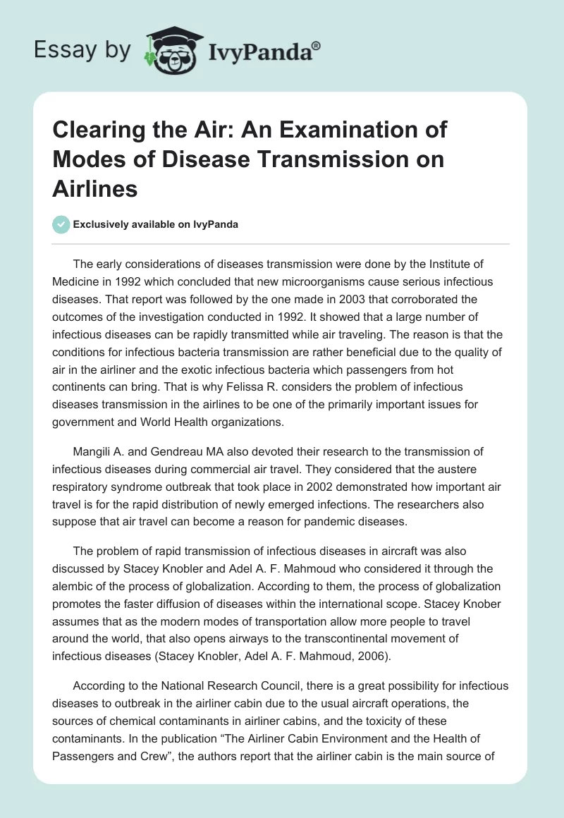 Clearing the Air: An Examination of Modes of Disease Transmission on Airlines. Page 1