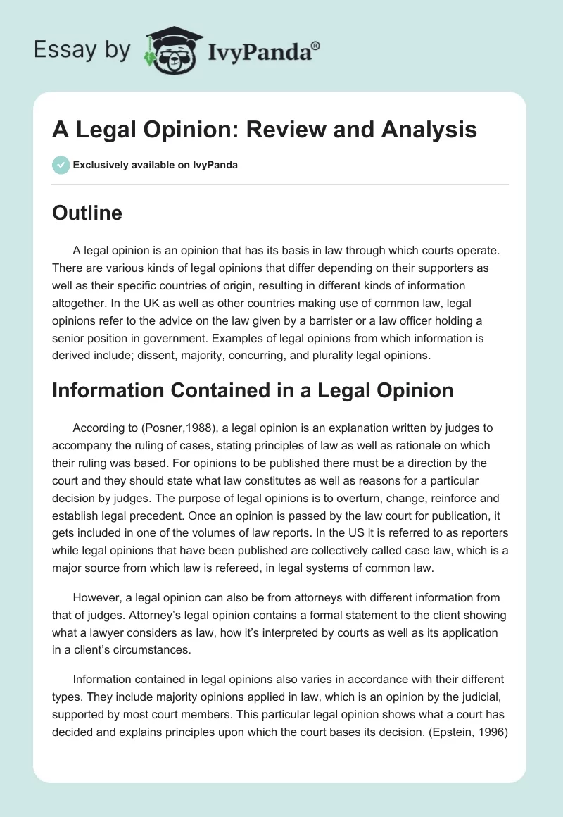 A Legal Opinion Review And Analysis 683 Words Essay Example