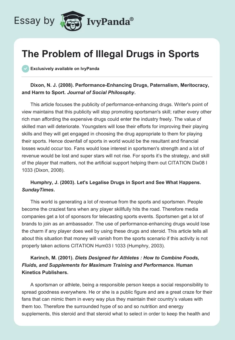 The Problem of Illegal Drugs in Sports. Page 1