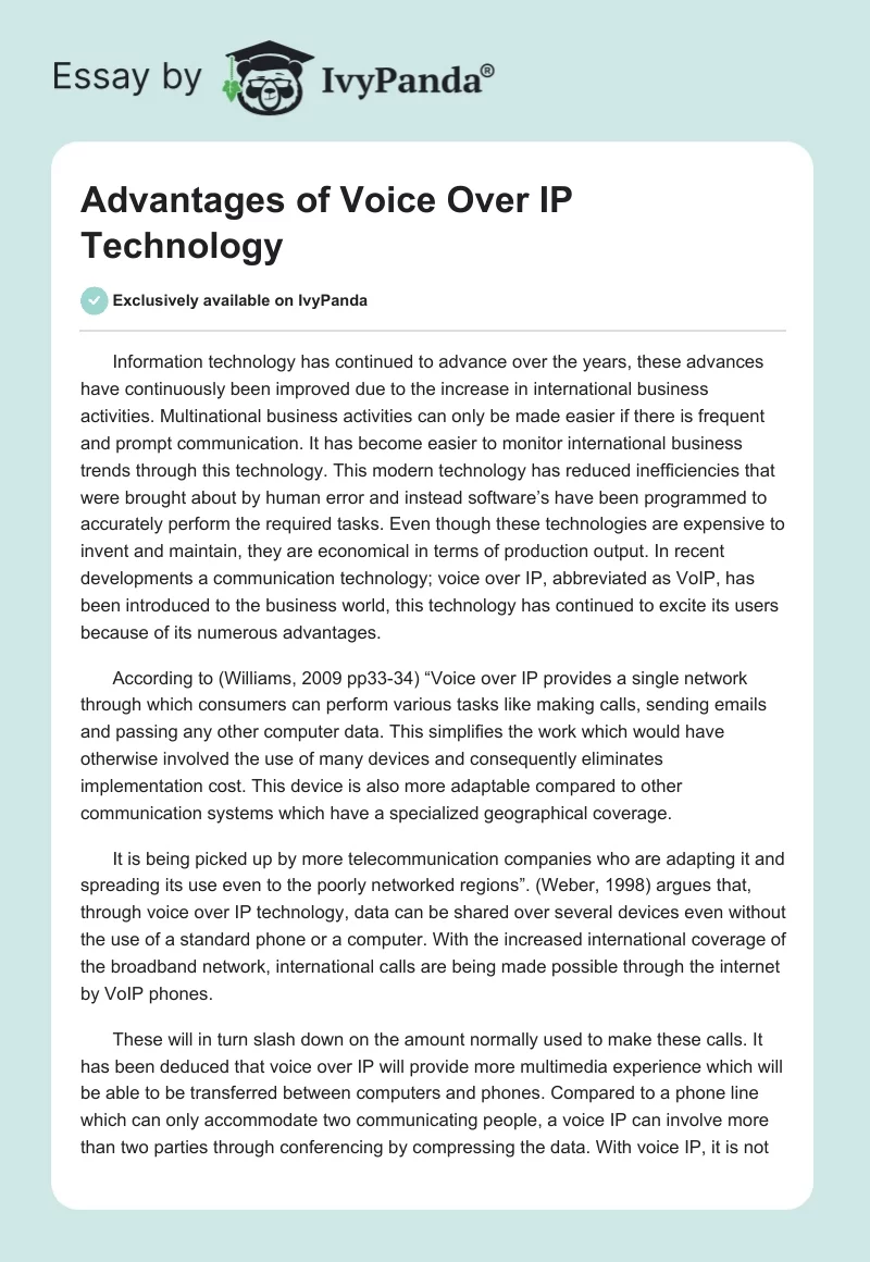 Advantages of Voice Over IP Technology. Page 1