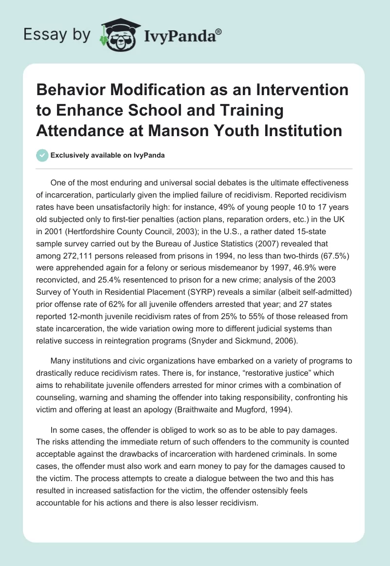 Behavior Modification as an Intervention to Enhance School and Training Attendance at Manson Youth Institution. Page 1