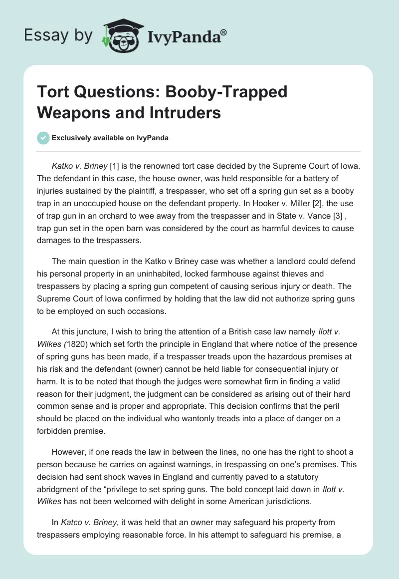 Tort Questions: Booby-Trapped Weapons and Intruders. Page 1