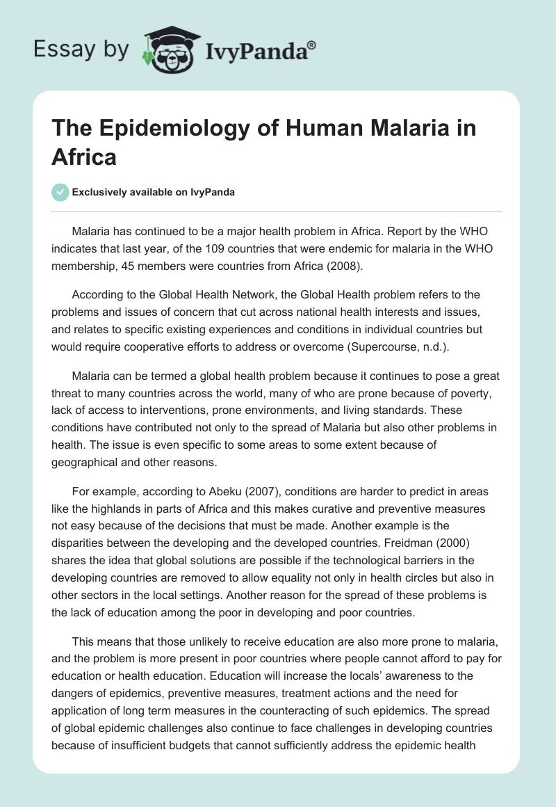 The Epidemiology of Human Malaria in Africa. Page 1